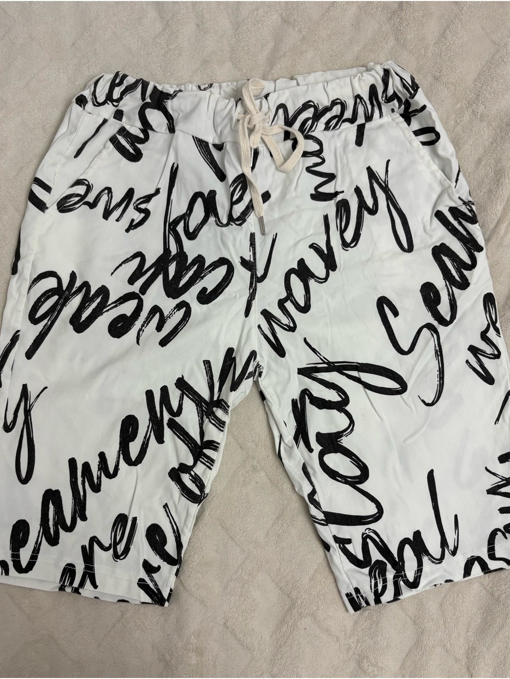 White Graphic Drawstring Long Shorts